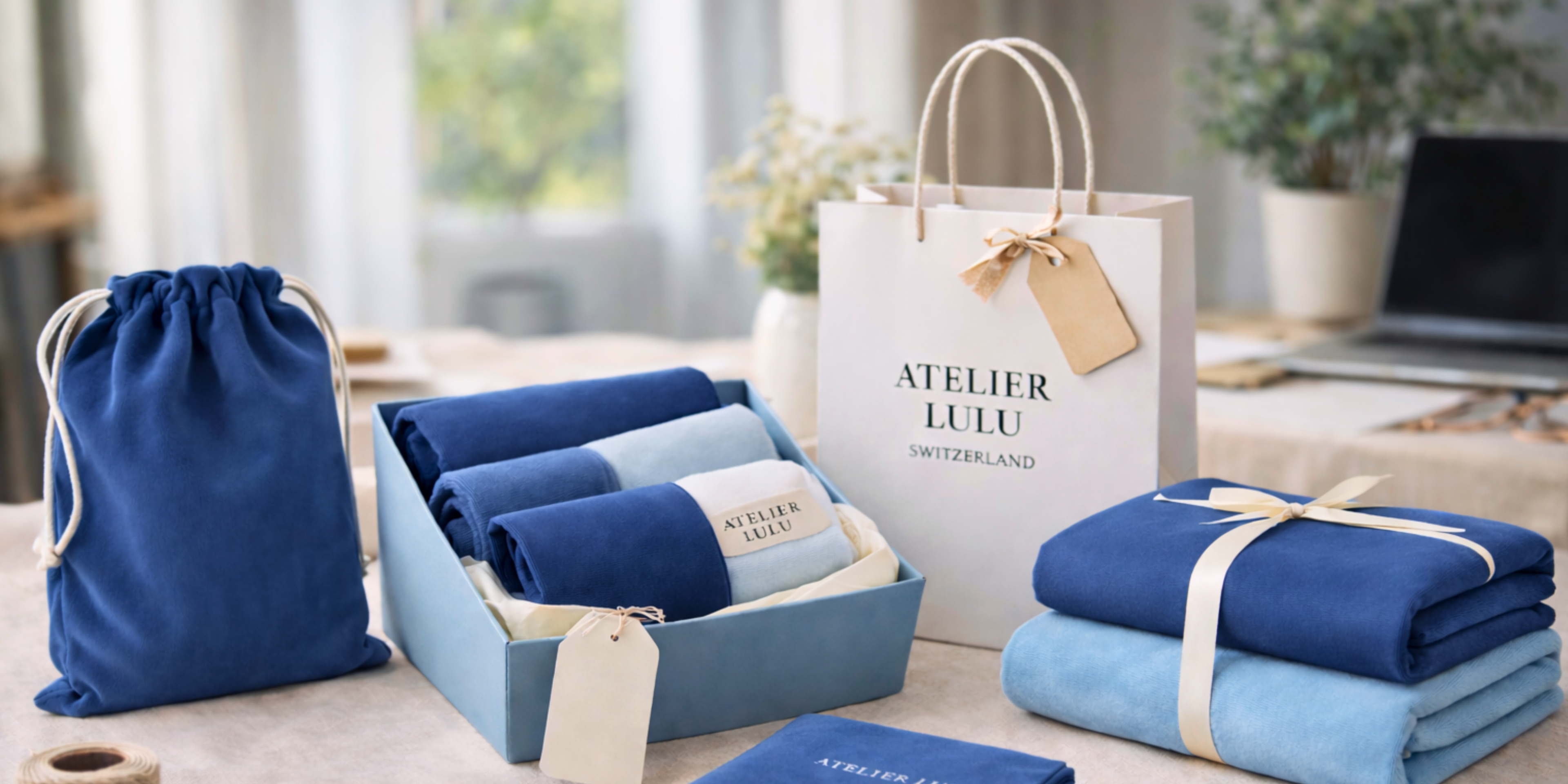 Coffret cadeau Atelier Lulu avec serviettes en microfibre recyclée – prêt à offrir en Suisse